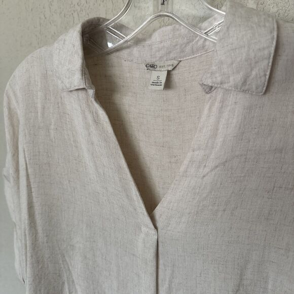 Linen Top Blouse Women's Size S Natural Neutral Beige Color V-Neck Button Back - Picture 4 of 9